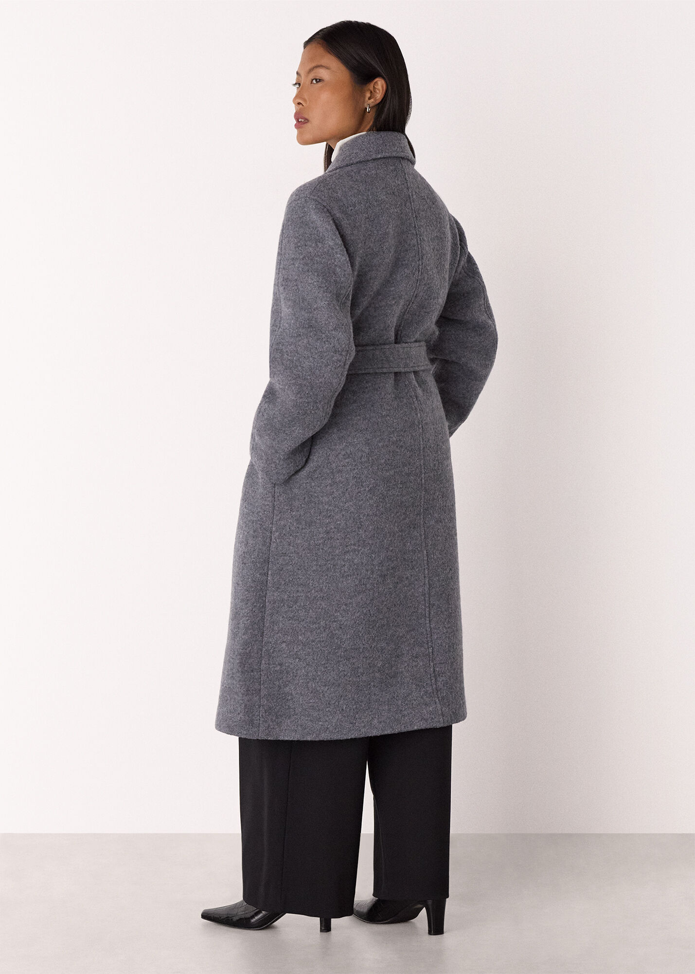 Grey Petite Long Belted Wool Coat | WHISTLES | Whistles US |